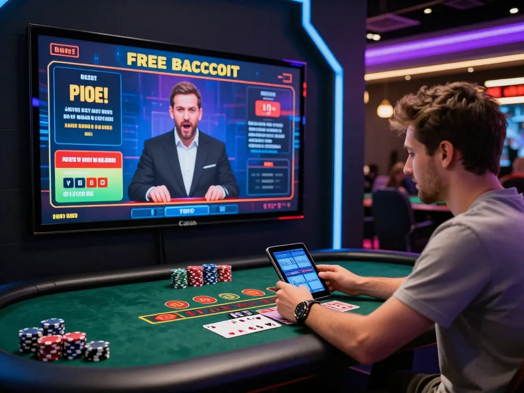 Player engaging in free credit baccarat at a live dealer table, intense focus with mobile device and promotions around.
