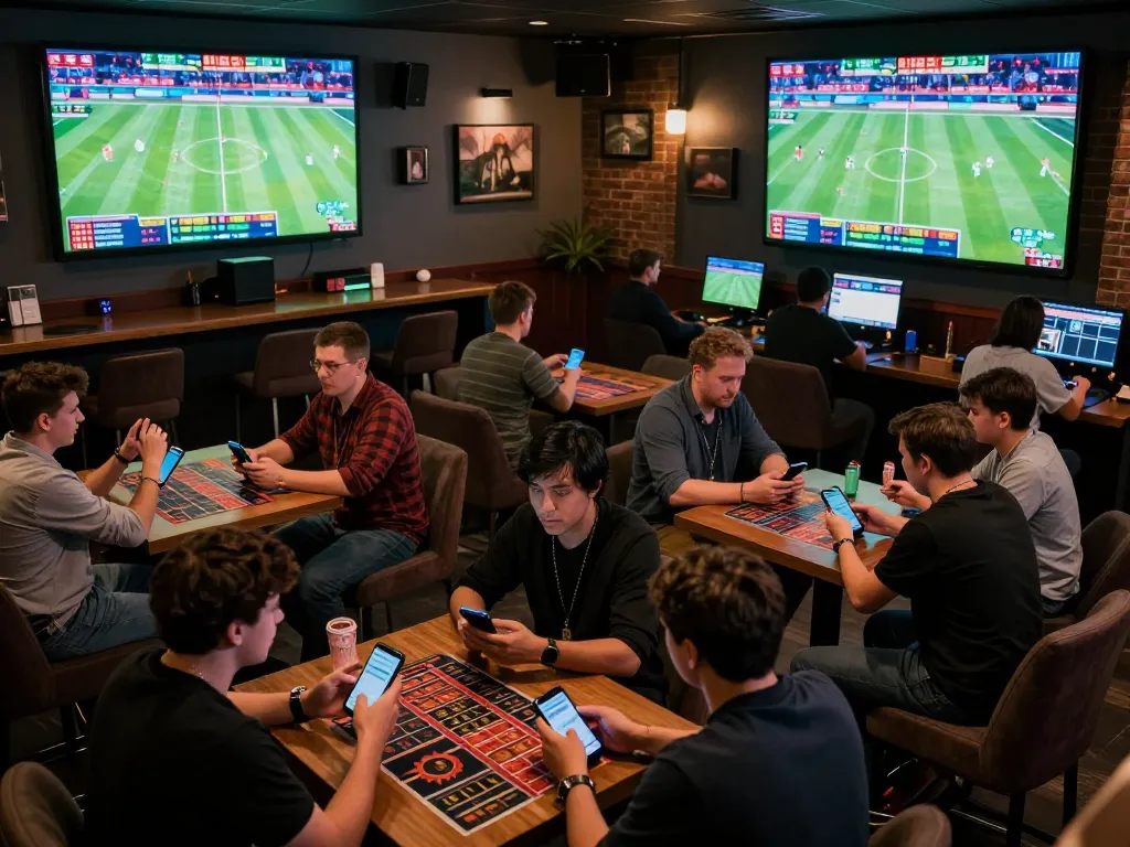 Engaging scene showcasing hubet users actively placing bets in a modern sports lounge during live matches