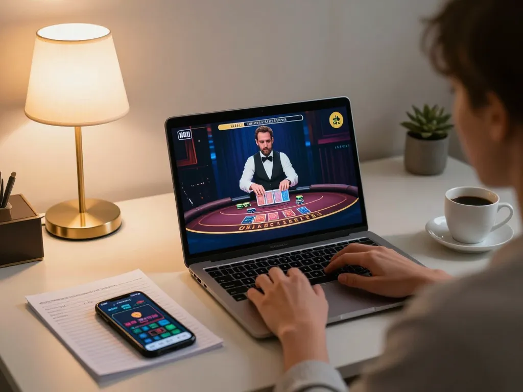 98wincom user engages in live blackjack gaming at home, laptop screen shows cards being dealt.