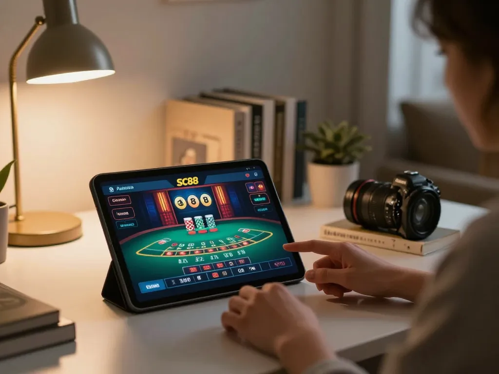 Player engaging with SC88 casino app on tablet, focusing on live blackjack gameplay in cozy home setting