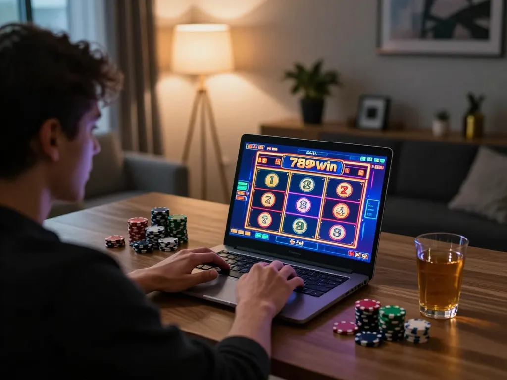 Engaging in online 789 win slots gameplay from a stylish home office setup