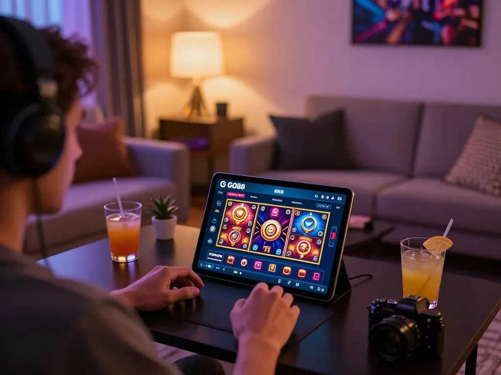 Player experiencing GO88's exciting online gaming interface on a tablet in a cozy setting, enjoying immersive casino action.