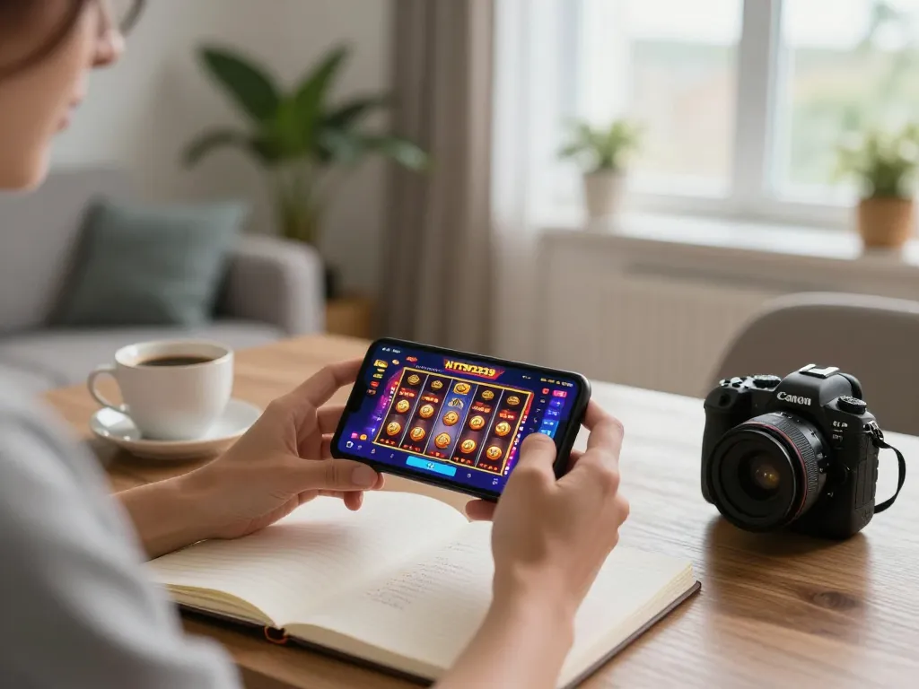 Player enjoying HYTW3339 casino app while strategizing with notebook in a cozy home setup