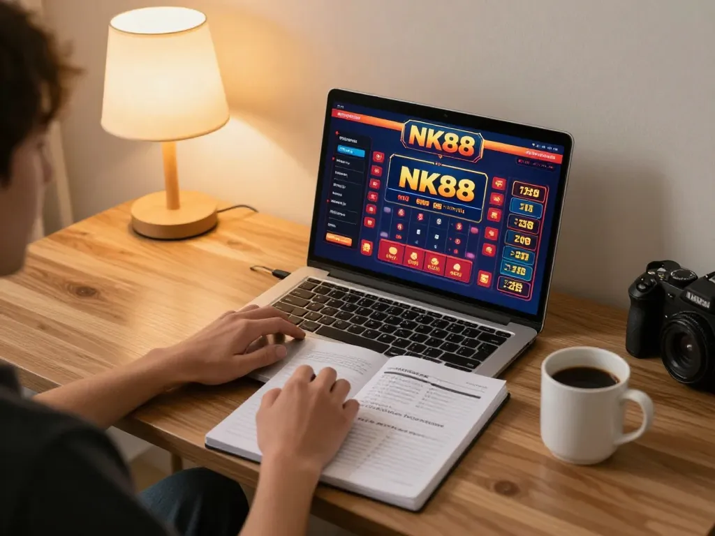 Engaging in gameplay at NK88 nhà cái, with laptop interface showing exciting games and betting strategies