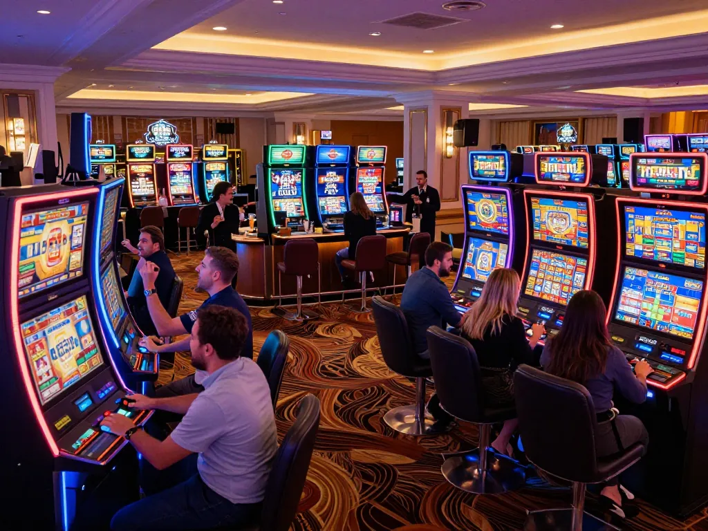 SpinAdvisor showcases players enjoying vibrant slot machines in a luxurious casino setting.