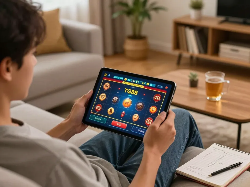 Person using TG88 on tablet for online gambling in a cozy home setting.