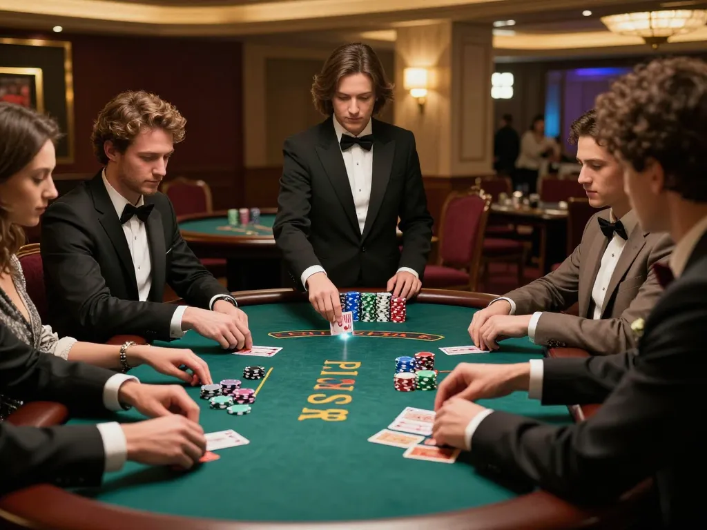 Exciting blackjack gameplay at may88 com's casino, showcasing players and dealer in action.