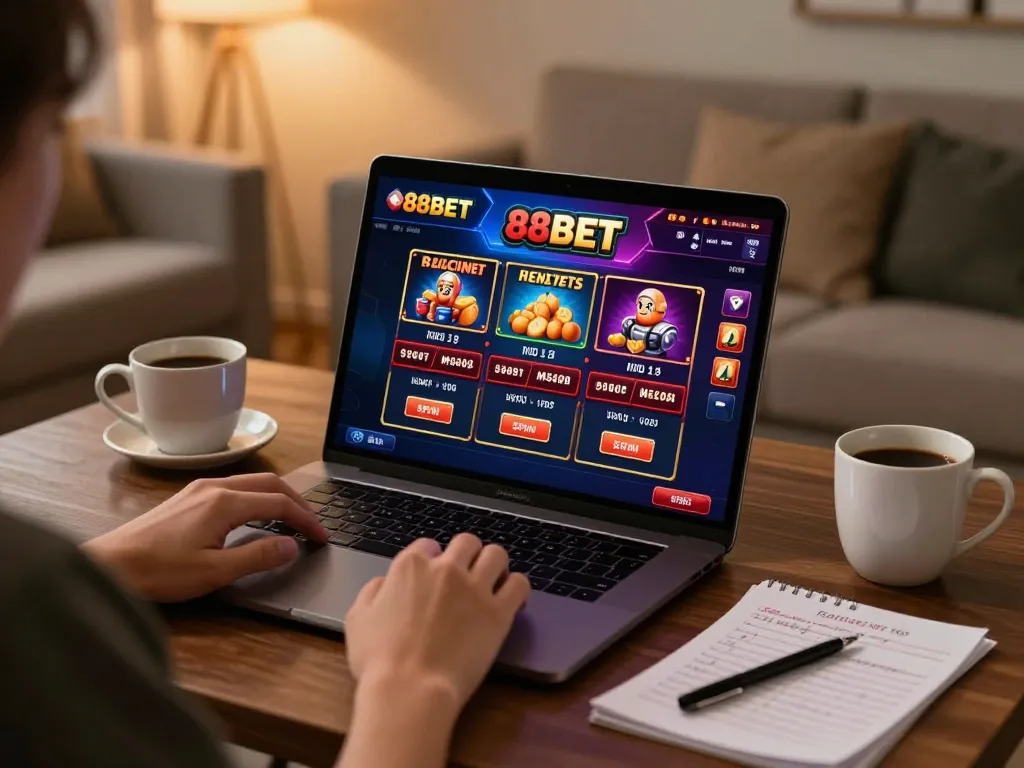 Experience dynamic online gambling with 88BET in a cozy home setup, featuring a laptop and betting notes.