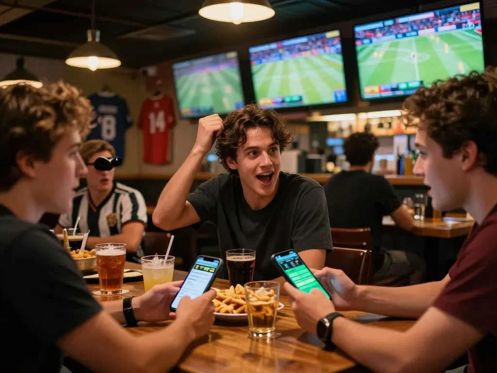 Friends enjoying sports betting excitement at CM 88 during a live game, placing bets on smartphones.