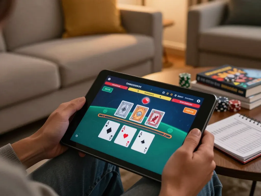 Engaging in an online blackjack game with luckyindex on a cozy living room tablet setup.