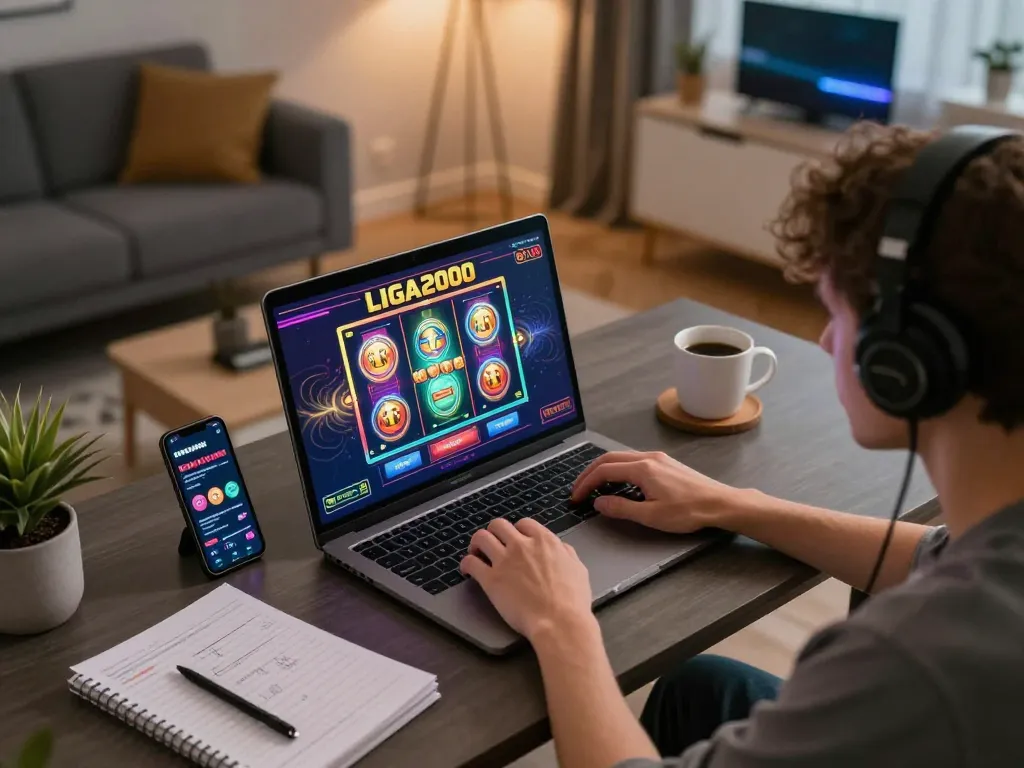 LIGA2000 player engaging with exciting online slots on a laptop in a cozy gaming space.
