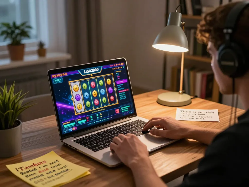 LIGA2000 LOGIN on laptop with vibrant slot game interface highlights exciting online gambling experience