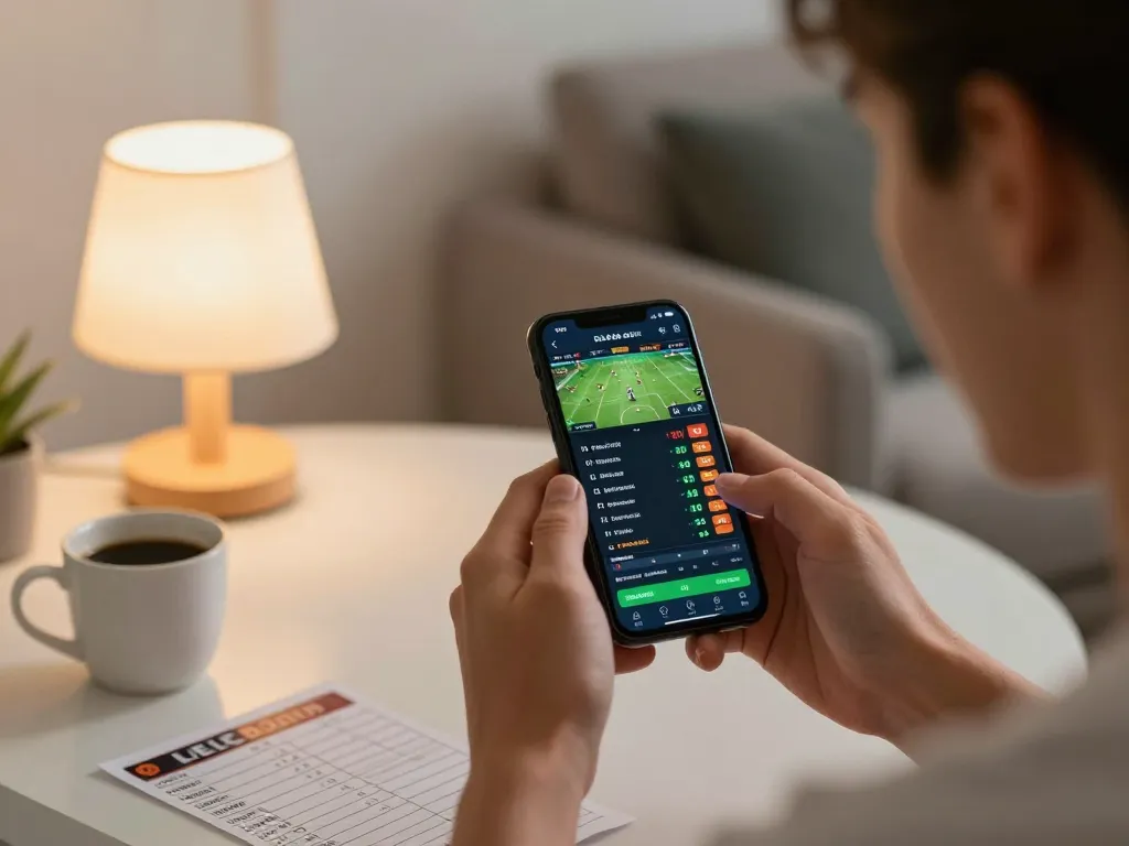 Engaged user placing a bet on Bbet app, surrounded by a cozy home setup enhancing the experience.
