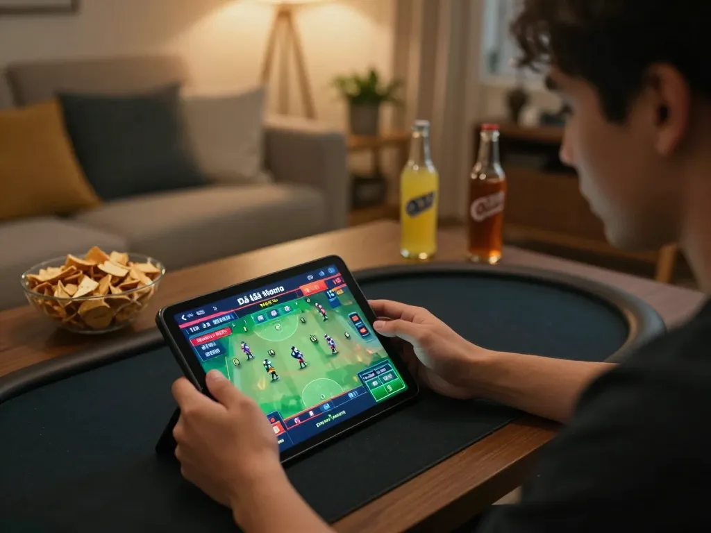 Engaging moment of betting on Đá gà thomo via tablet in a cozy home setup.