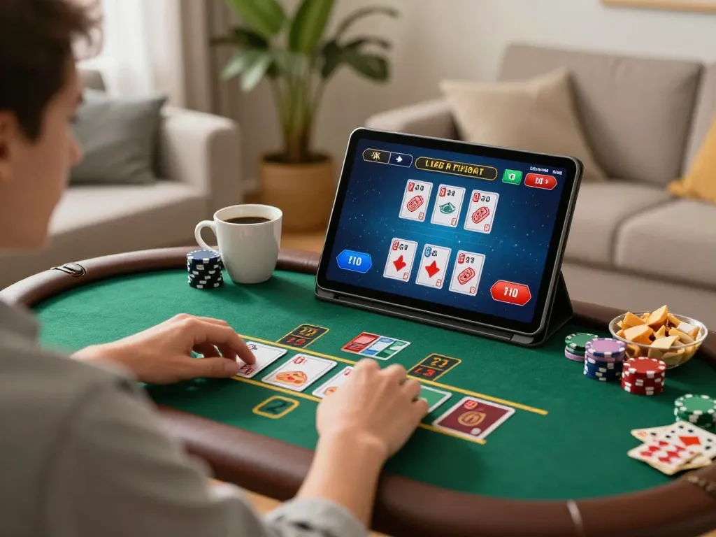 Engaging online blackjack session on 98wincom tablet, featuring a strategic player in a cozy home.