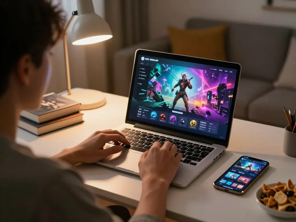 Engaging with nsfw games apk on a laptop setup in a cozy home environment with snacks.