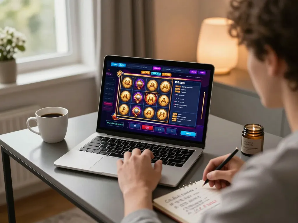 11win player's vibrant online slot game session on stylish home desk with laptop and strategies.