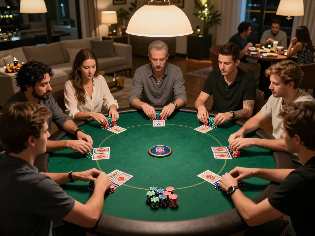 Players enjoying a competitive round of poker at home with nagapoker strategies, vibrant chips, and cards visible