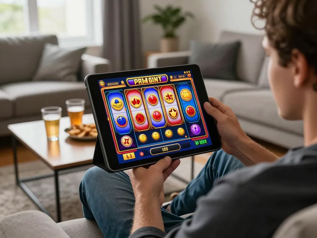 Engaging user spins vibrant online slots in Canada from home, enjoying thrilling gameplay.