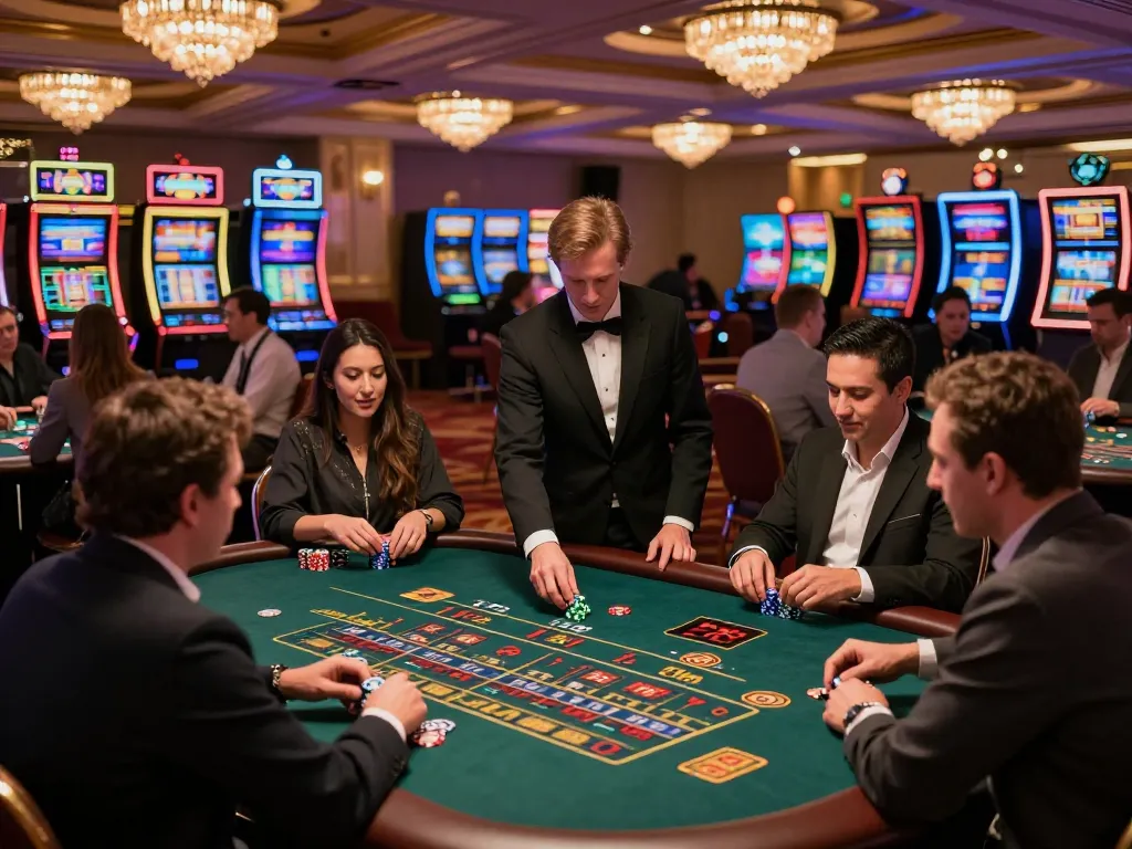 Engaging gameplay at Q88 casino featuring roulette players and vibrant slot machines