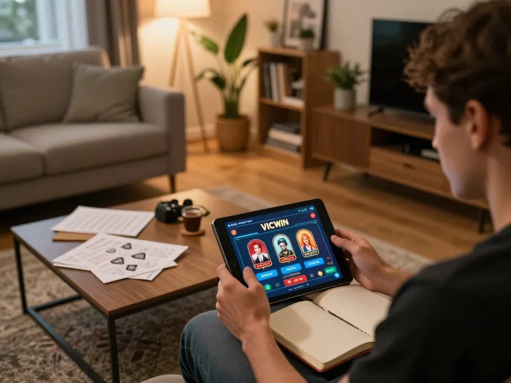 Engaging in online gaming with the VICWIN casino app in a cozy home setting.