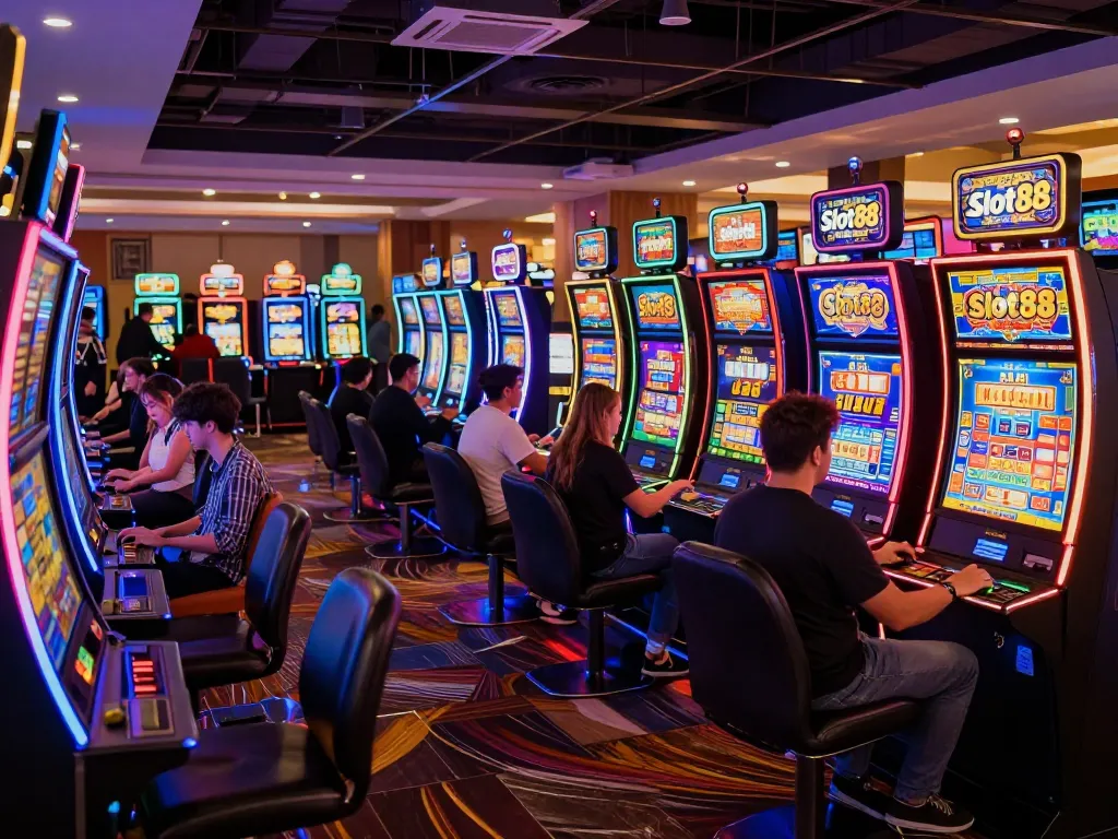 Players enjoying Slot88 gaming excitement at colorful slot machines in a vibrant casino