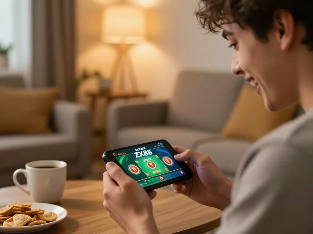 Player engaging in ZX88 mobile app gaming, showcasing a strategic gaming moment in a cozy home setting.
