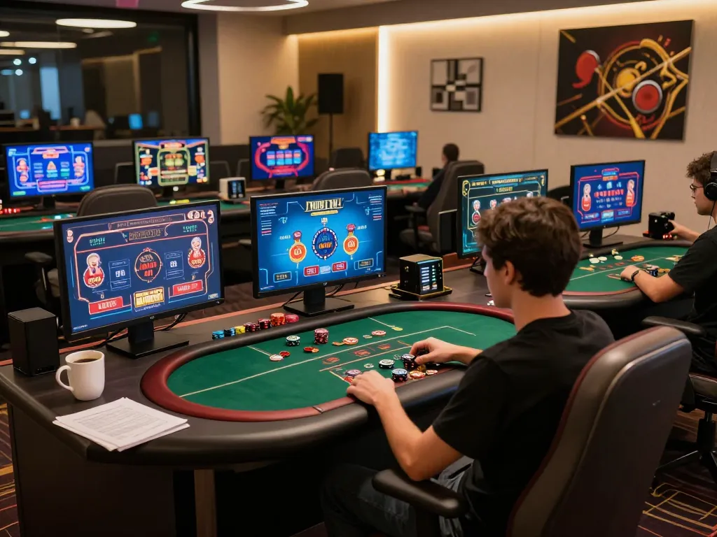 Player strategizing on btopcshop at a modern gaming desk with multiple displays, focused on poker.