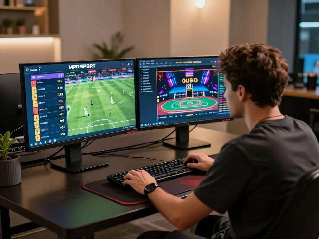 Player engaging with MPOSPORT's online portal, showcasing soccer betting and live casino experience.