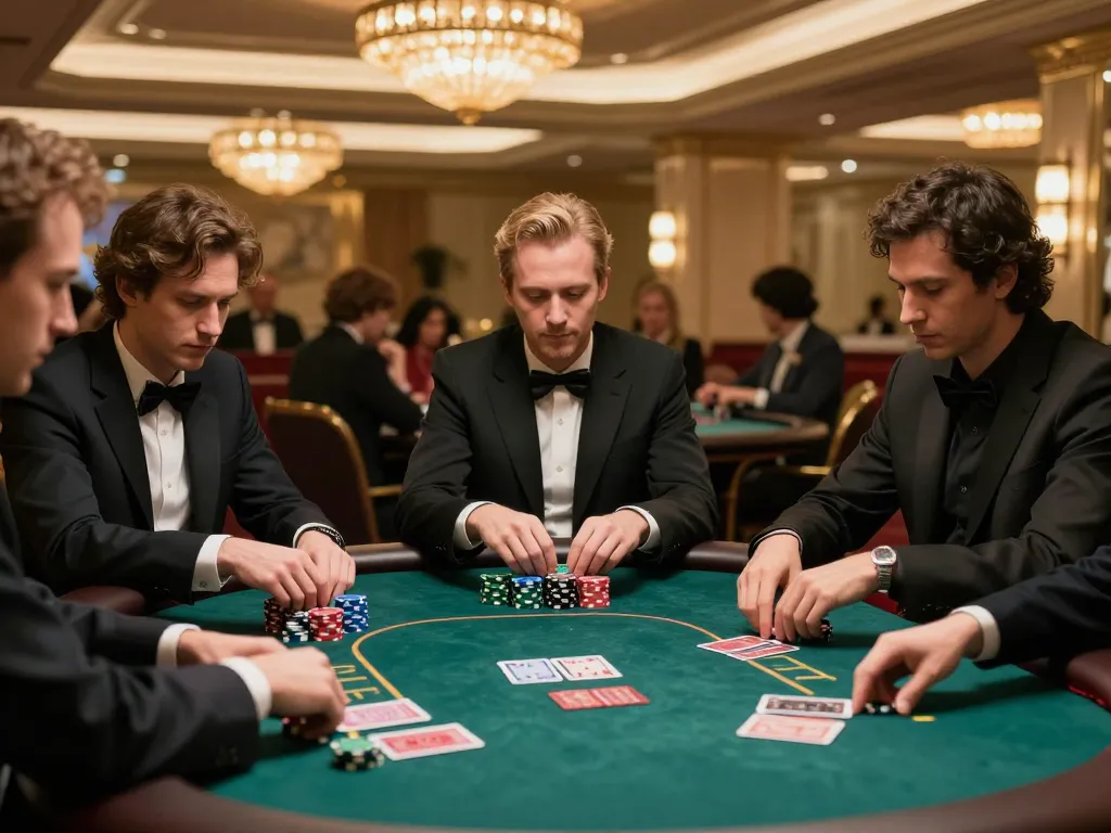 Engaged players participating in a high-stakes poker game at a luxurious casino, showcasing viral88 gaming strategy.
