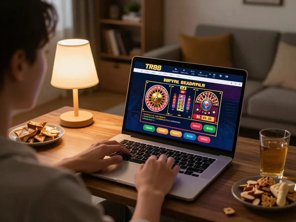 Player engaging with tr88 trang chủ online gaming interface during a cozy home session.