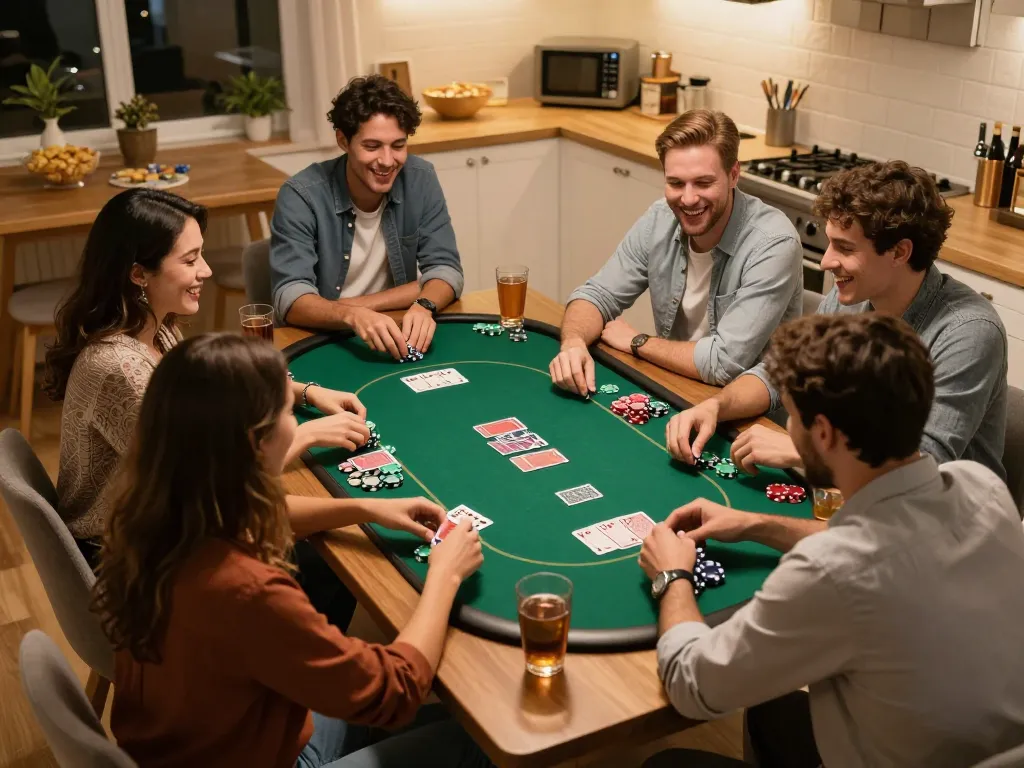 Xổ Số MM99 players enjoying a thrilling home poker night with chips and cards.