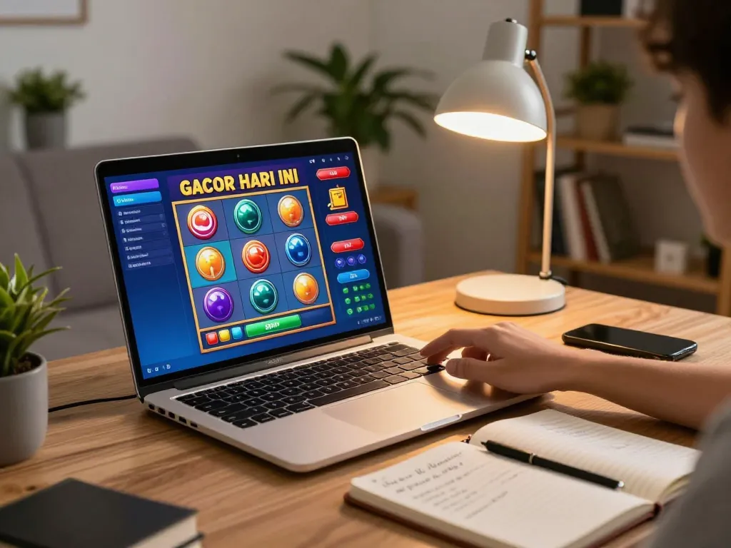 Engaging online gameplay of slot gacor hari ini with player clicking spin button on laptop in cozy home setting.