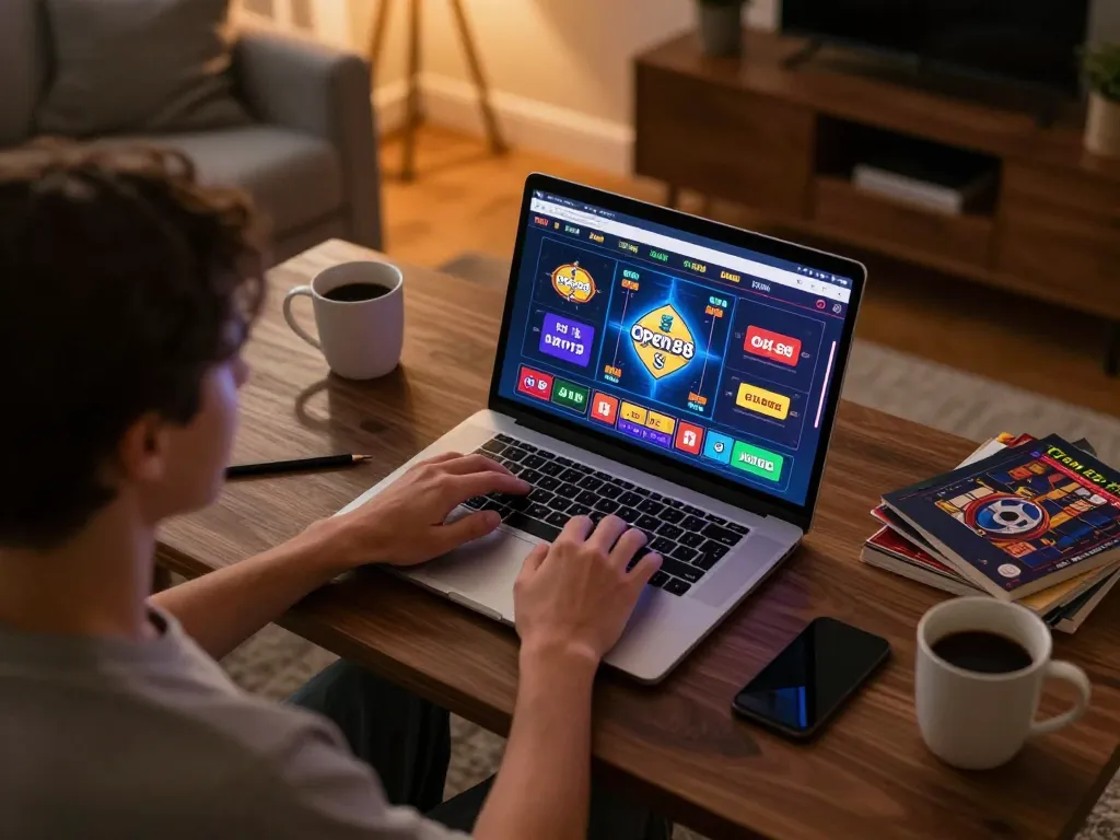 Engaged player strategizing online bets on Open 88 at home, showcasing a dynamic gaming environment.