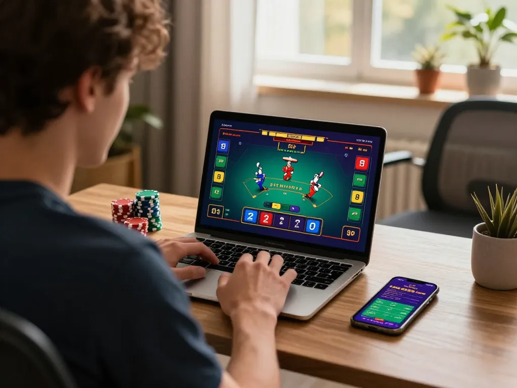 Engaging scene of a player using 33win online casino platform for live blackjack, showcasing strategy.
