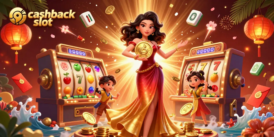 Experience excitement with cashback slot rewards and jackpots in this vibrant casino scene.