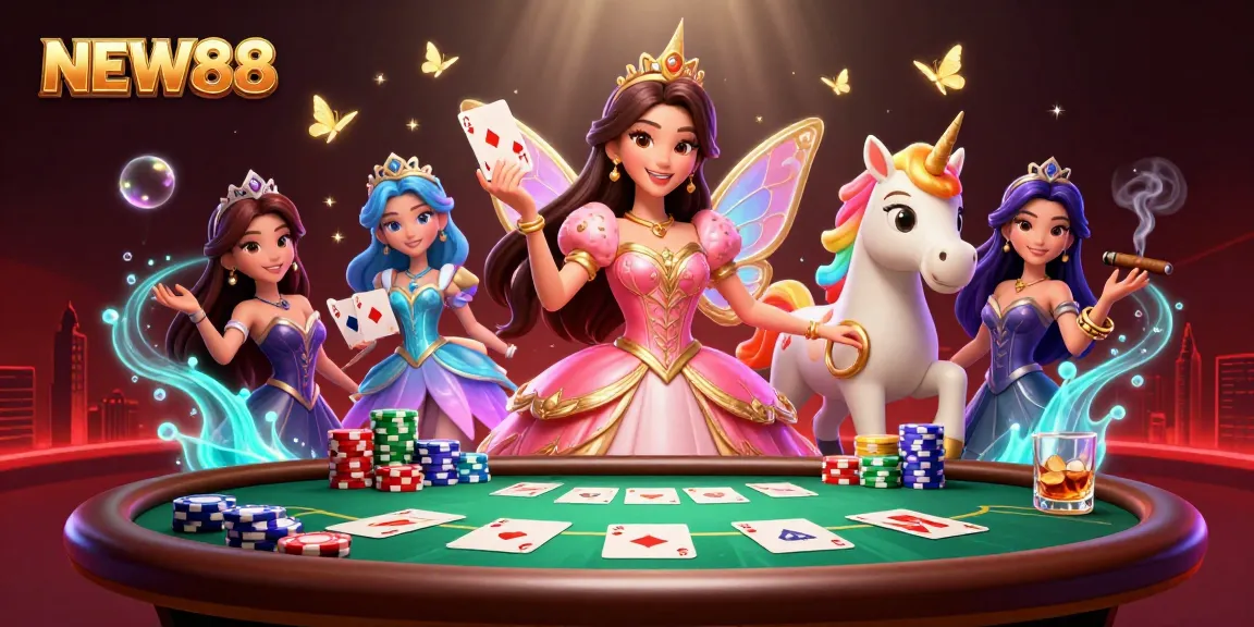 Experience the magic of NEW88 with a glamorous woman, golden unicorn, and exciting poker scene.
