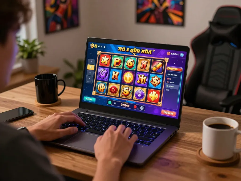 Player engaging with game nổ hũ on a laptop, showcasing online gambling in a cozy home atmosphere.