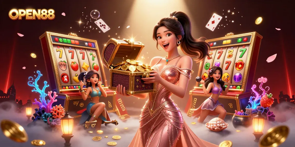 Join the excitement at OPEN88 with overflowing treasures and vibrant slot game elements in a stunning illustration.
