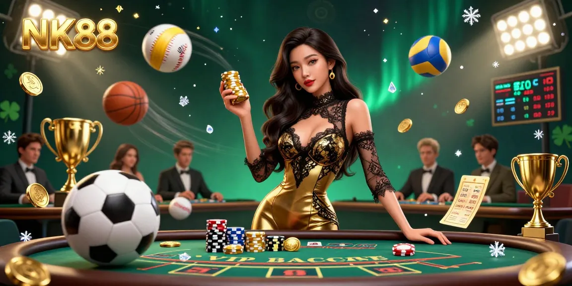 Experience glamorous high-stakes gaming at NK88 with a stunning baccarat scene and dynamic sports elements.