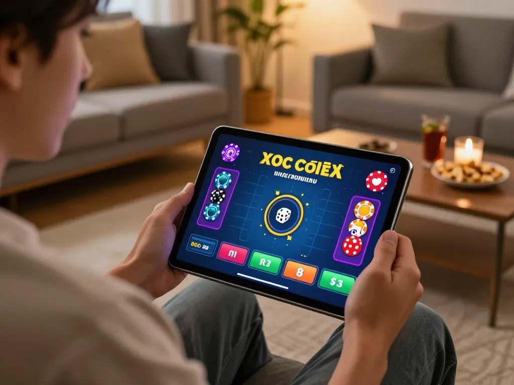 xóc đĩa online gameplay on a tablet in a cozy home setting with snacks