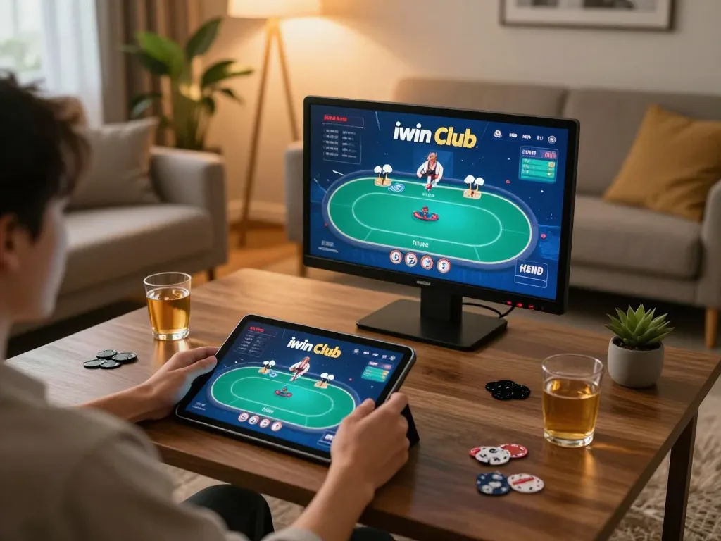 Experience exciting poker gameplay at iwin club from a cozy home setup.