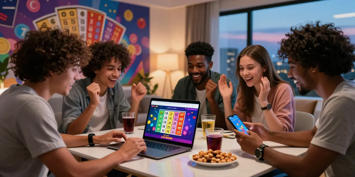 Friends checking 4D lottery results online while celebrating together in a vibrant living room.