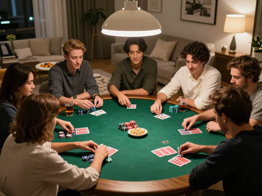 Friends enjoying a poker game at home, representing nhà cái Net88's engaging social gambling atmosphere
