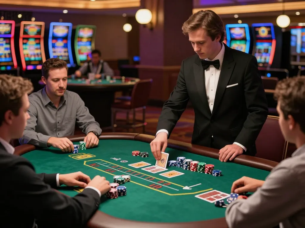 Xocdiavn players placing bets and enjoying a blackjack game at an upscale casino.