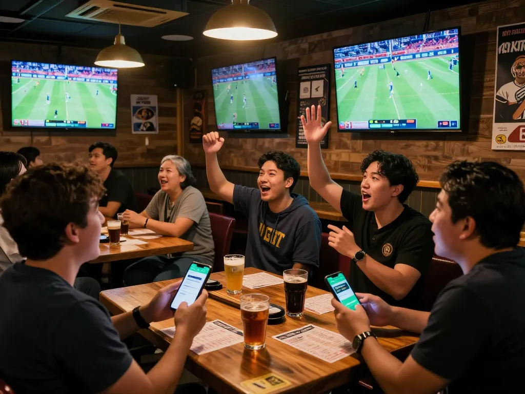 Bongdalu88 users engaging in sports betting excitement at a vibrant sports bar scene