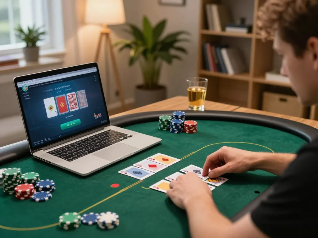 Player strategizing in online poker with m115 gameplay insights in cozy home setting