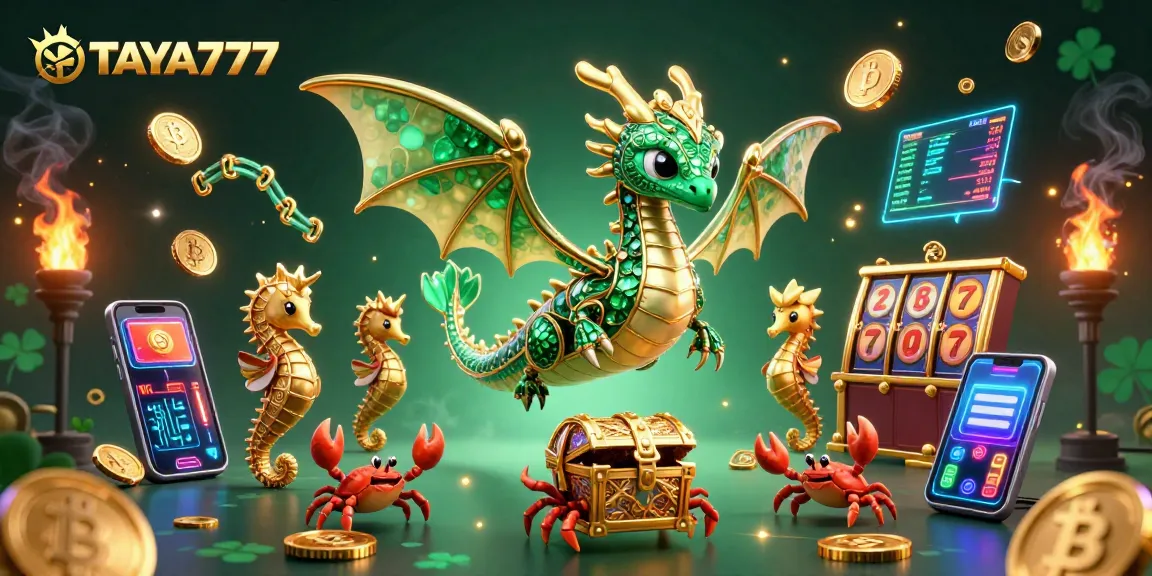 TAYA777 enhances gaming experiences with vibrant casino-themed 3D illustration featuring a sea dragon and crypto elements.
