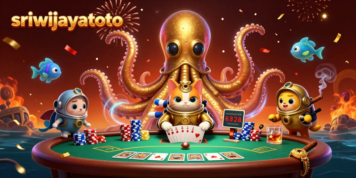 Engage in thrilling gameplay with sriwijayatoto at a vibrant poker scene of a colossal kraken, diving cat, and lavish elements.