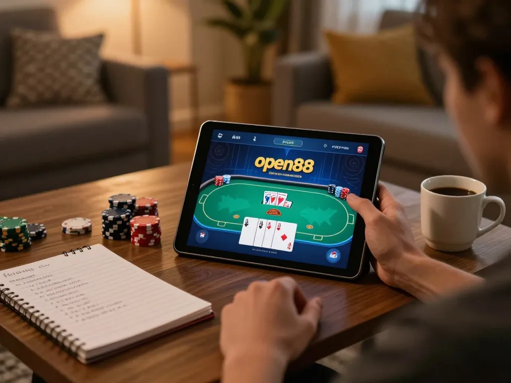 Player enjoying online poker action on open88 in a cozy home setting.